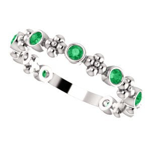 Created Emerald Beaded Ring, Rhodium-Plated 14k White Gold, Size 6.75
