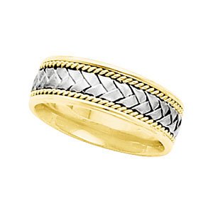 6.75mm 14k White and Yellow Gold Comfort Fit Hand Woven and Rope Trim Band, Size 5.5