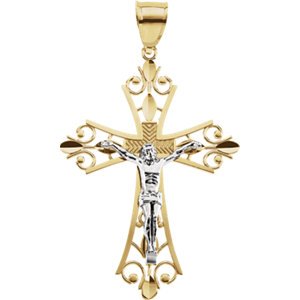 Two-Tone Fleur-de-Lis Filigree Crucifix 14k Yellow and White Gold Pendant (27X19.5MM)