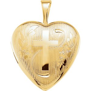 Floral Design Heart with Cross 14k Yellow Gold Plated Sterling Silver Locket Pendant (17.90X12.20 MM)
