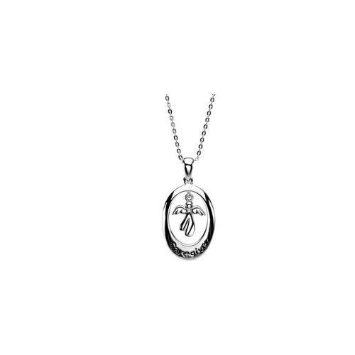 Oval Caregiver Angel Pendant Rhodium Plate Sterling Silver Necklace, 18"