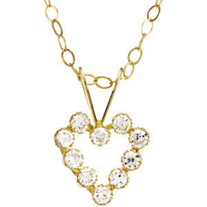 Childrens 14k Yellow Gold Diamond CZ Open Heart Pendant Necklace, 15"