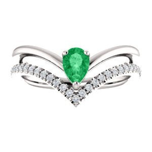 Chatham Created Emerald Pear and Diamond Chevron Rhodium-Plated 14k White Gold Ring (.145 Ctw, G-H Color, I1 Clarity)