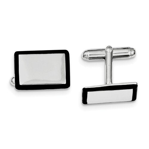 Rhodium-Plated Sterling Silver, Black Enamel Rectangle Cuff Links, 19X15MM