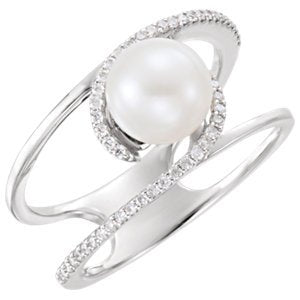 Platinum White Freshwater Cultured Pearl, Diamond Negative Space Ring (7.5-8.00)(.125Ctw, G-H Color, SI2-SI3 Clarity) Size 7
