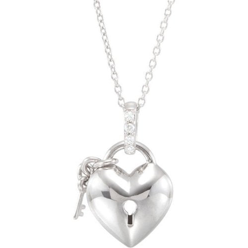 Sterling Silver Diamond Heart Lock and Key Necklace, 18"