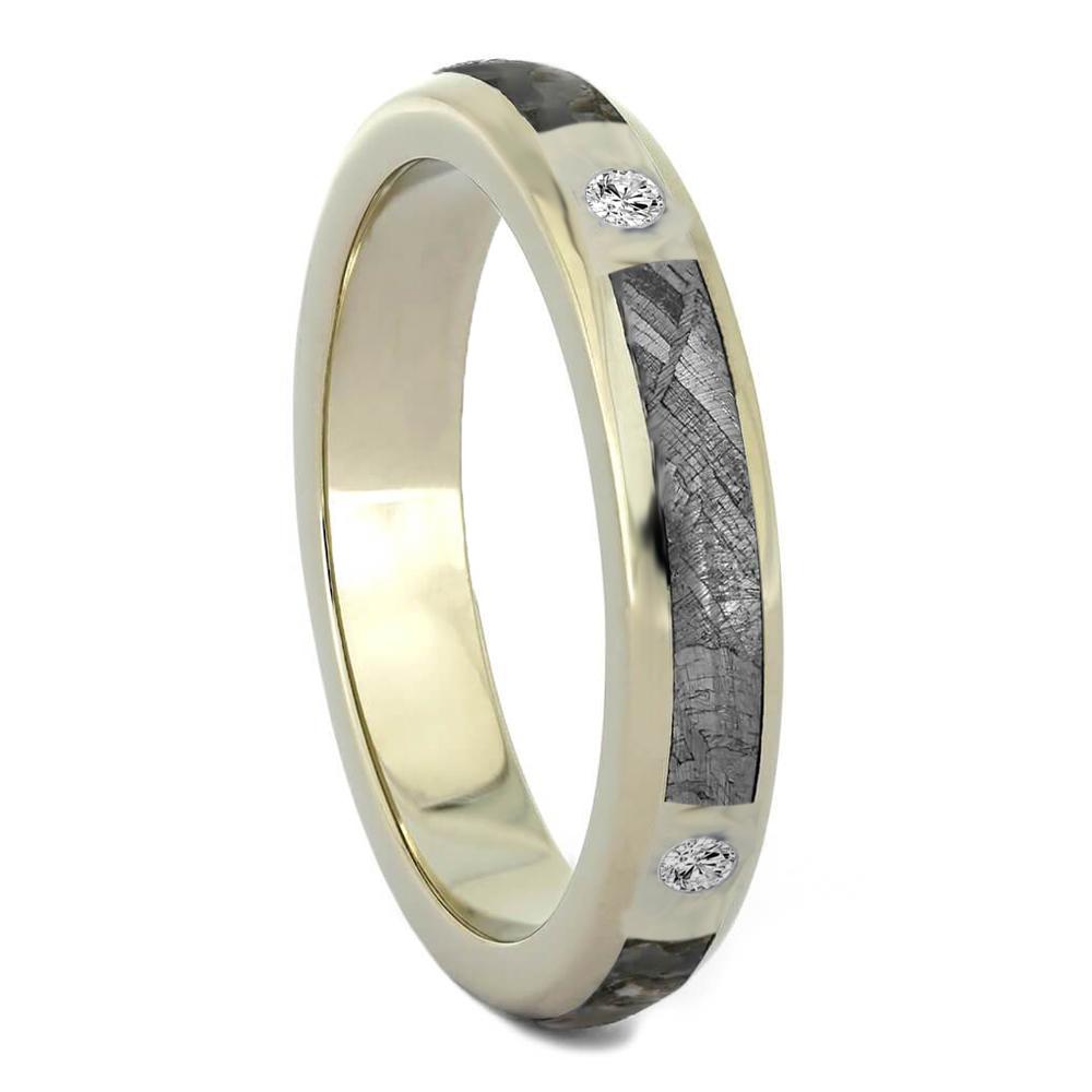 Ave 369 14k White Gold with Diamond, Dinosaur Bone and Gibeon Meteorite Inlay 3.5mm Comfort-Fit Wedding Band