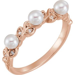 White Cultured Pearl, Diamond Stackable Leaf Ring, 14k Rose Gold (3.5mm)(.03Ctw, Color G-H, Clarity I1)