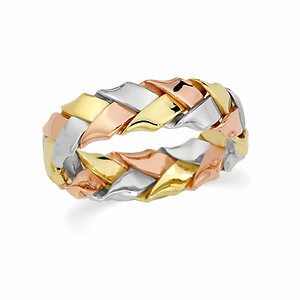 5.5mm 14k Yellow, White and Rose Gold Tri-Color Hand Woven Band, Size 7.5