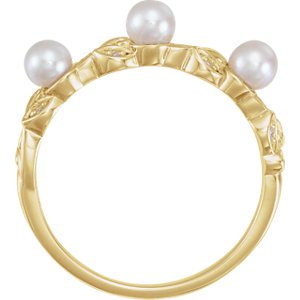 White Cultured Pearl, Diamond Stackable Leaf Ring, 14k Yellow Gold (3.5mm)(.03Ctw, Color G-H, Clarity I1)