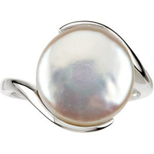 White Freshwater Cultured Coin Pearl Ring, Sterling Silver (13-14mm)