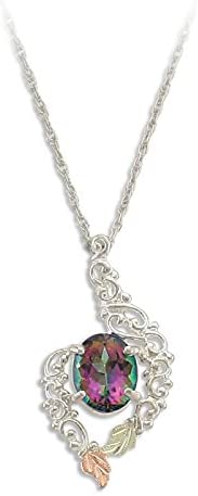 Oval Mystic Fire Scrollwork Pendant Necklace, Sterling Silver, 12k Green and Rose Gold Black Hills Gold Motif, 18"