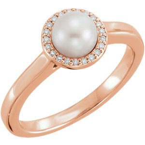 White Freshwater Cultured Pearl and Diamond Halo Ring, 14k Rose Gold (5.5-6mm) (.05Ctw, G-H Color, I1 Clarity)