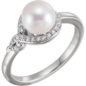 Platinum White Freshwater Cultured Pearl, Diamond Bypass Ring (7-7.5mm)(.125Ctw, GH Color, SI2-SI3 Clarity)