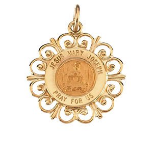 14k Yellow Gold Altagracia Holy Family Filigree Framed Medal