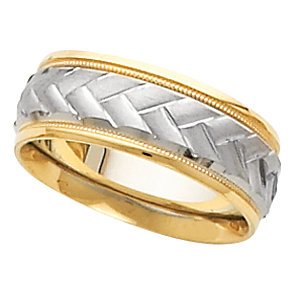 7mm 14k White and Yellow Gold Two-Tone Milgrain and Chevron Pattern Comfort Fit Band, Sizes 5 to 12.5