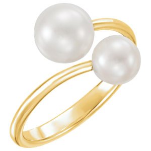 Two White Freshwater Cultured Pearls Bypass Ring, 14k Yellow Gold (6-6, 7.5-8mm) Size 7