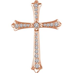Diamond Fleur-de-Lis Cross 14k Rose Gold Pendant (31.6X21.9 MM) (.33 Ctw, H+ Color, I1 Clarity)