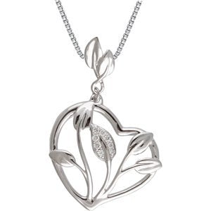 Diamond Heart-Shaped Leaf Design 14k White Gold Pendant Necklace,18" (.05 Cttw)