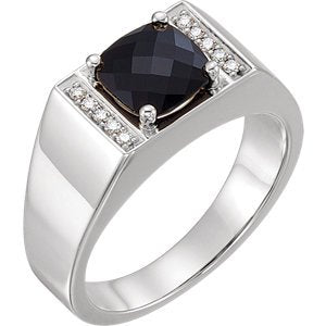 Men's Antique Square Checkerboard Onyx and Diamond Ring, Sterling Silver (.10 Ctw, G-H Color, I1 Clarity) Size 11.75