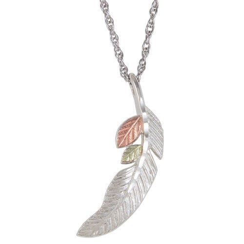 Feather and Leaf Necklace, Sterling Silver, 12k Rose Gold, 12k Green Gold Black Hills Gold Motif, 18"