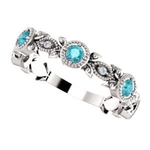 Blue Zircon and Diamond Vintage-Style Ring , Rhodium-Plated 14k White Gold (0.03 Ctw, G-H Color, I1 Clarity)