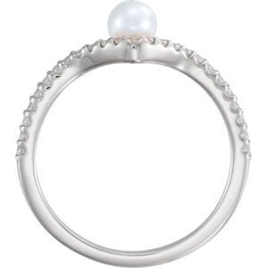 White Freshwater Cultured Pearl, Diamond Asymmetrical Ring, Sterling Silver (4-4.5mm)(.2 Ctw, G-H Color, I1 Clarity) Size 6.25