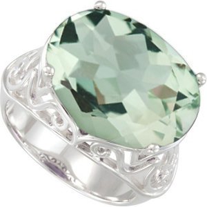 Green Quartz Checkerboard 11.55 Ct Sterling Silver Filigree Ring, Size 6