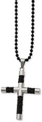 Stainless Steel and Black Leather, Black IP Cross Pendant Necklace, 24"