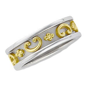 7mm 14k White Gold Etruscan Inspired Inlaid 14k Yellow Gold Scroll Band, Size 4, 5, 5.5, 6, 6.5, 7, 7.5, 8, 8.5