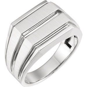 Men's Brushed-Satin Grooved Signet Ring, Rhodium-Plated 14k White Gold, Size 10