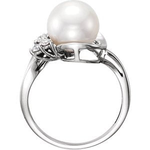 White Freshwater Cultured Pearl and Diamond Ring, Rhodium-Plated 14k White Gold, Size 7 (9.5-10.0mm) (.08 Ctw, H-J Color, I3 Clarity)