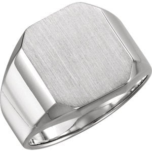 Men's Brushed Satin Signet Ring, 18kX1 White Gold (16X14MM)