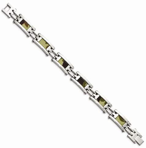 Men's Stainless Steel with Brown Camo Fabric Inlay Link Bracelet, 8.75 Inches
