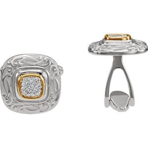 2-Tone Pave Diamond Scroll-Work Square Cuff Links, Sterling Silver, 14k Yellow Gold, (.25 Ctw, GH, I1)