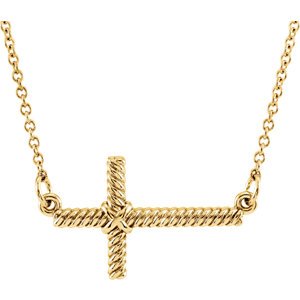 Rope-Trim Sideways Cross Necklace, 14k Yellow Gold, 16.5" (11.3x20.15MM)