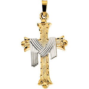 14k Yellow Gold Cross, 14k White Gold Fleur de Lis Pendant with Robe