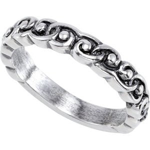 Antiqued Raised Scroll Design 3.8mm Stackable Sterling Silver Ring, Size 7