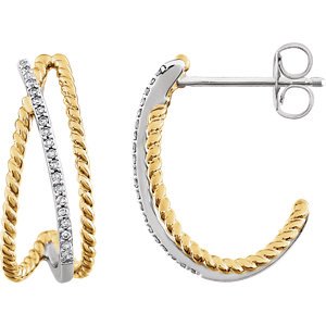 Diamond Criss Cross Rope J-Hoop Earrings, Rhodium-Plated 14k Yellow Gold Plated 14k White Gold (1/10 Ctw, Color HIJ, Clarity I3)