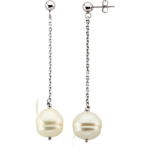 White Cultured Freshwater Circle Pearl Chain Earrings, 14k White Gold (9-11 MM)