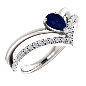 Chatham Created Blue Sapphire Pear and Diamond Chevron Rhodium-Plated 14k White Gold Ring (.145 Ctw, G-H Color, I1 Clarity)