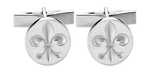 Rhodium-Plated Sterling Silver Fleur de Lis Round Cuff Links, 14.75MM