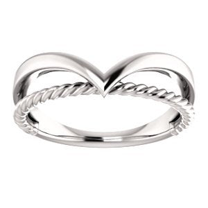 Negative Space Rope Trim and Curved 'V' Ring, Rhodium-Plated 14k White Gold, Size 7.75