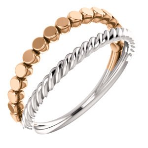 Rope Trim and Flat Granulated Bead Twin Stacking Ring, Rhodium-Plated 14k White and Rose Gold, Size 8.75