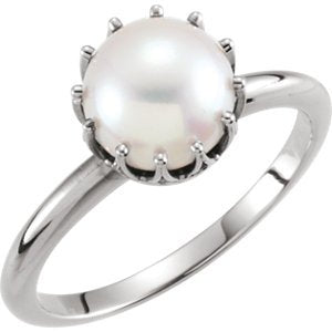 White Freshwater Cultured Pearl Crown Ring, Rhodium-Plated 14k White Gold (7.50-8mm) Size 7