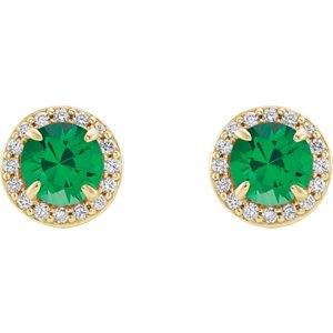 Chatham Created Emerald and Diamond Halo-Style Earrings, 14k Yellow Gold (4 MM) (.16 Ctw, G-H Color, I1 Clarity)