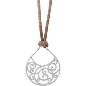 Diamond Scroll Sterling Silver Pendant with Brown Satin Cord, 18" (1/6 Cttw)