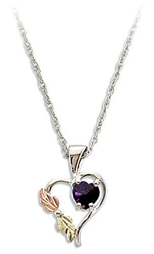 Purple CZ February Birthstone Heart Pendant Necklace, Sterling Silver, 12k Green and Rose Gold Black Hills Gold Motif, 18"