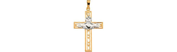 Two Tone Claddagh Cross with Celtic Design 14k Yellow and 14k White Gold Pendant