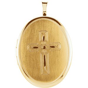 Oval Fish Cross Satin-Brushed Cross 14k Yellow Gold Plated Sterling Silver Locket Pendant (26.00X20.00 MM)